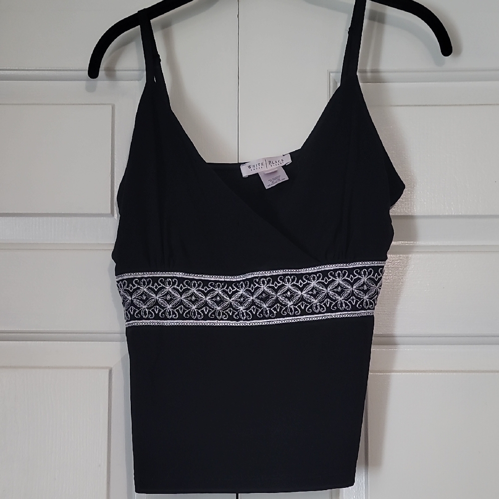 White House Black Market Black Camisole with White Embroidery